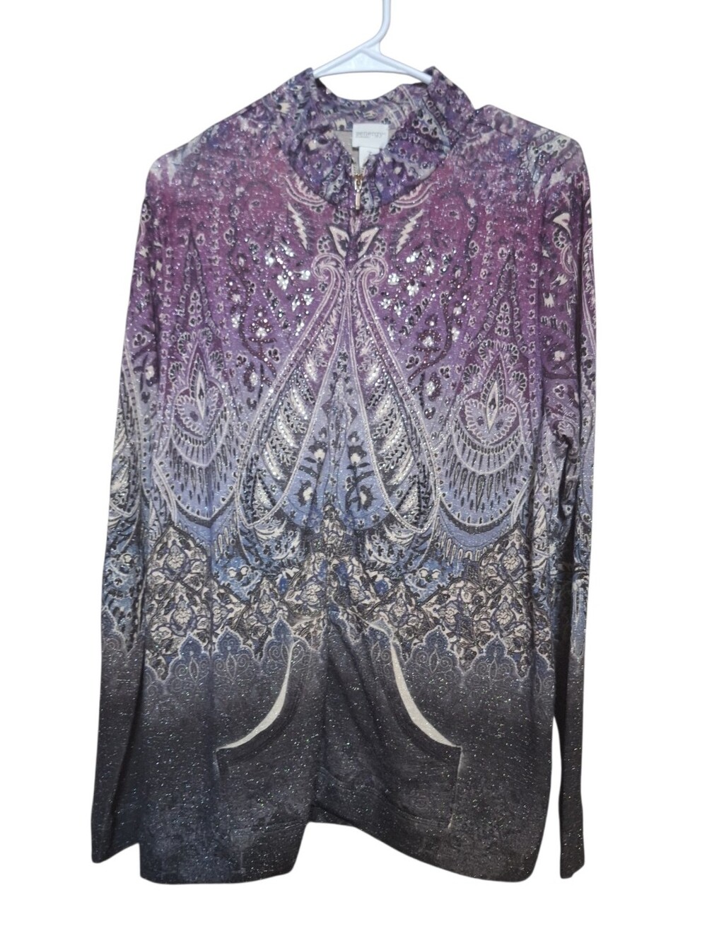 Chicos Zenergy Ombre Sparkly Lightweight Zip Up Jacket Pockets Boho McBling